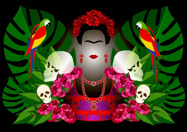 Retrato de Frida Kahlo con loros y cráneos. Día de los muertos. Día de los Muertos. Retrato vectorial y fondo floral negro oscuro — Archivo Imágenes Vectoriales