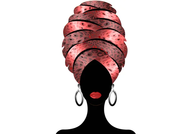Портрет молодой черной женщины в тюрбане. Африканская красота. Векторная цветная иллюстрация изолирована на белом фоне. Традиционная африканская обертка для головы Кента. Розовый цветовой узор с платком. Для печати, плаката, футболки, открытки. Концепция прически — стоковый вектор