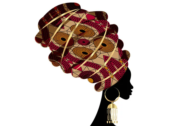 Retrato bela mulher africana em turbante tradicional, Kente cabeça envoltório Africano, impressão dashiki tradicional, silhueta vetorial mulheres negras isoladas com brincos de ouro tradicionais, conceito de penteado — Vetor de Stock