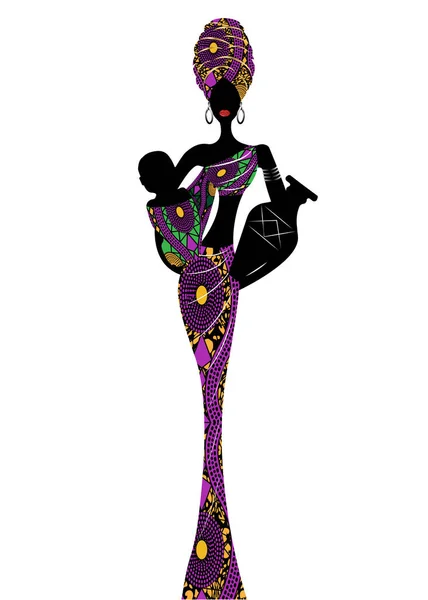 Seorang ibu muda Afro membawa bayi. Siluet seorang wanita Afrika yang cantik dengan Turban dan amphorae. Tradisional Kente kepala membungkus Afrika. Gaun etnis Ankara Afrika. Vektor diisolasi atau putih - Stok Vektor