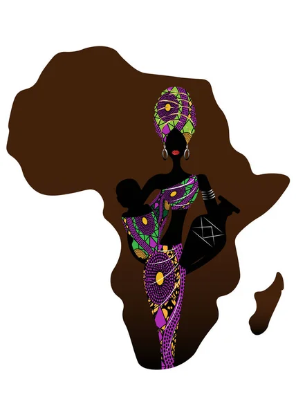 Afrika mateřské ikona, tempo růstu populace. Mladá matka Afro přepravující dítě bytost. Silueta krásná Afričanka s Turban a amfor. Mapa Afrika pozadí silueta, samostatný — Stockový vektor