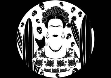 Frida Kahlo vektör portre, geleneksel bir saç modeli vektör geleneksel Meksika elbiseli genç güzel Meksika kadınla diadem izole veya siyah arka plan 