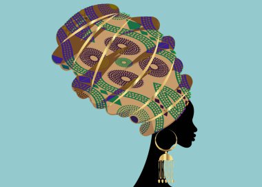 portre geleneksel Türban, başşehir baş şal Afrika, güzel Afrikalı kadın geleneksel dashiki yazdırma siyah kadınlar geleneksel altın küpe, saç modeli kavramı ile izole siluet vektör