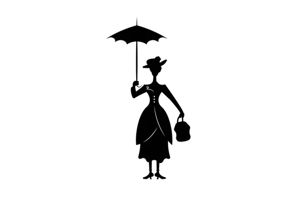 Πλωτήρες κορίτσι σιλουέτα με ομπρέλα στο χέρι του, στυλ Poppins, διάνυσμα απομονωμένες ή μαύρο φόντο — Διανυσματικό Αρχείο