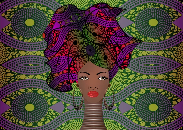 Retrato da jovem mulher africana turbante colorido. Envolva Afro moda, Ancara, Kente, kitenge, vestidos de mulheres africanas. Estilo nigeriano, moda ganesa com textura de tecido grunge. Vector batik — Vetor de Stock