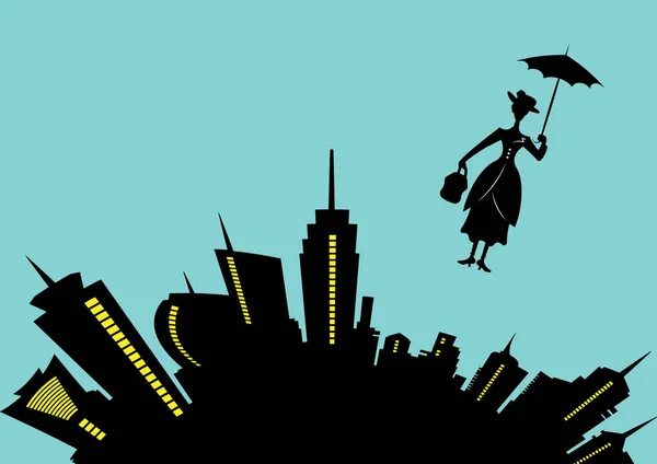 Skyline van de stad en silhouet meisje drijft met paraplu in zijn hand, vectorillustratie op lichte blauwe achtergrond — Stockvector