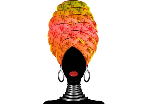 Potret wanita kulit hitam muda dengan sorban. Animasi kecantikan Afrika. Ilustrasi warna vektor diisolasi pada latar belakang putih. Tradisional Kente kepala membungkus Afrika. Cetak, poster, t-shirt, kartu. Pola bunga kerudung - Stok Vektor