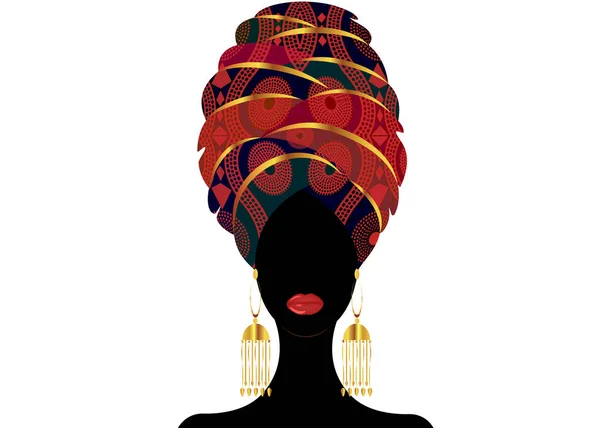 Retrato da jovem negra em um turbante. Animação beleza africana. Ilustração de cor vetorial isolada em fundo branco. Cabeça tradicional de Kente embrulhar Africano. Tecido Ancara Lenço de cabeça étnico — Vetor de Stock