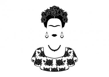 Frida Kahlo vektör portre, geleneksel bir saç modeli ile genç güzel bir Meksikalı kadın. Meksika el sanatları küpe ve çiçekler, geleneksel Meksika elbise, siyah ve beyaz izole vektör 
