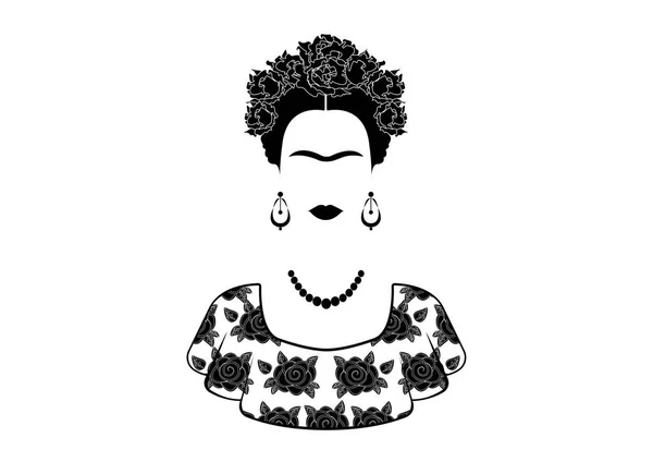 Frida Kahlo retrato vectorial, joven hermosa mujer mexicana con un peinado tradicional. Pendientes y flores de artesanía mexicana, Vestido tradicional mexicano, Vector aislado en blanco y negro — Vector de stock