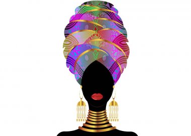 Sarık genç siyah kadın portresi. Animasyon Afrika güzeli. Vektör renk illüstrasyon izole beyaz bir arka plan üzerinde. Geleneksel başşehir kafa Afrika sarın. Ankara kumaş etnik başörtüsü