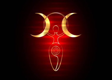 Altın spiral doğurganlık tanrıçası ve üçlü ay cadısı. Yaşam, ölüm ve yeniden doğuşun spiral döngüsü. Altın Kadın Cadı anne. Cinsel üremenin sembolü. Vektör dövmesi, neon işaret simgesi. 