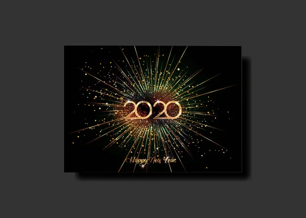 Luxury vip card Happy New Year 2020 gold text design, golden numbers. Cover of business diary for wishes. Brochure design template, card. Vector gold fireworks and shiny glitters black background — Stock Vector