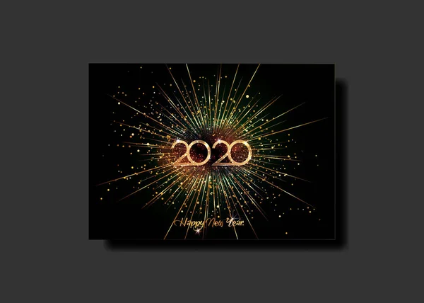 Tarjeta vip de lujo Feliz Año Nuevo 2020 diseño de texto de oro, números de oro. Portada de diario de negocios para los deseos. Plantilla de diseño de folleto, tarjeta. Vector fuegos artificiales de oro y brillo brillante fondo negro — Archivo Imágenes Vectoriales