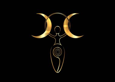 Altın spiral doğurganlık tanrıçası ve üçlü ay cadısı. Yaşam, ölüm ve yeniden doğuşun spiral döngüsü. Altın Kadın Cadı anne. Cinsel üremenin sembolü. Siyah arka planda izole edilmiş vektör.