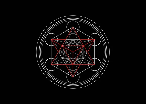 Metatron Cube, Bunga Kehidupan. Geometri suci, elemen grafis Vektor Ilustrasi terisolasi atau latar belakang hitam. Padatan platonik Mystic icon, gambar geometris abstrak, lingkaran tanaman mandala - Stok Vektor