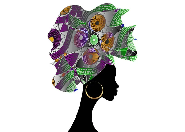 Coiffure de mariage africaine Enveloppement de tête, foulard coloré, beau portrait Afro Femme en cravate traditionnelle foulard Turban. Vêtements africains Kente, Shenbolen Ankara tête enveloppe la conception du tissu — Image vectorielle