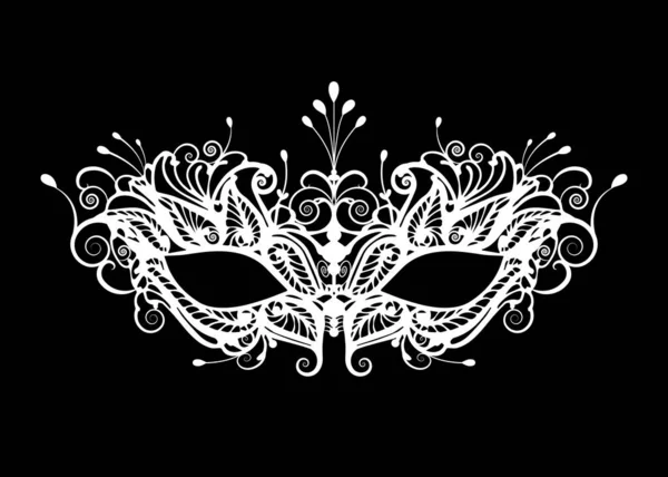 Karnevalsmaske Symbol weiße Silhouette isoliert auf schwarzem Hintergrund. Laser geschnittene Maske mit venezianischer Stickerei floralen Dekoration. Vektor Illustration Design — Stockvektor