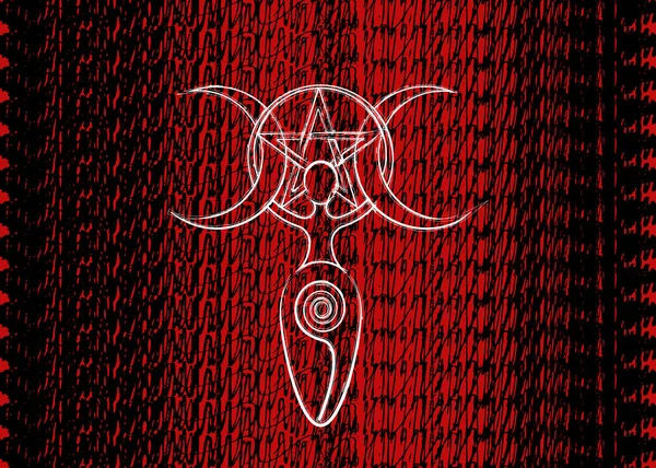 Spiral goddess of fertility and triple moon wiccan. The spiral cycle of life, death and rebirth. Wicca pentacle, woman mother earth symbol of sexual procreation, red grunge fabric print background — Wektor stockowy