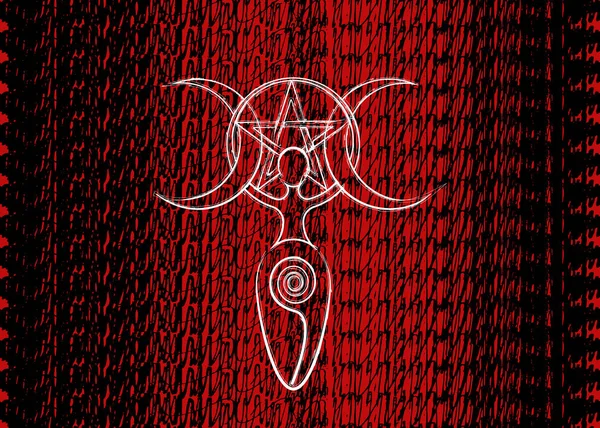 Diosa espiral de la fertilidad y la luna triple wiccan. El ciclo espiral de la vida, la muerte y el renacimiento. Wicca pentáculo, mujer madre tierra símbolo de la procreación sexual, rojo grunge tela impresión fondo — Vector de stock