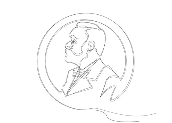 Jednořádkový náčrt muže s vousy. Ocenění hudební literatury, ikona Man Head Profile mince. Ocenění roku, medaile za vektorovou kresbu. Nobelova cena, cena lidskosti, koncept nositelů Pulitzerovy ceny — Stockový vektor