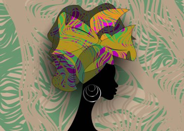 Afrika düğün saç stili şalı, renkli başörtüsü, geleneksel başörtüsü takan Afro Kadın portresi. Orman afro safarisi tropikal model arka planı