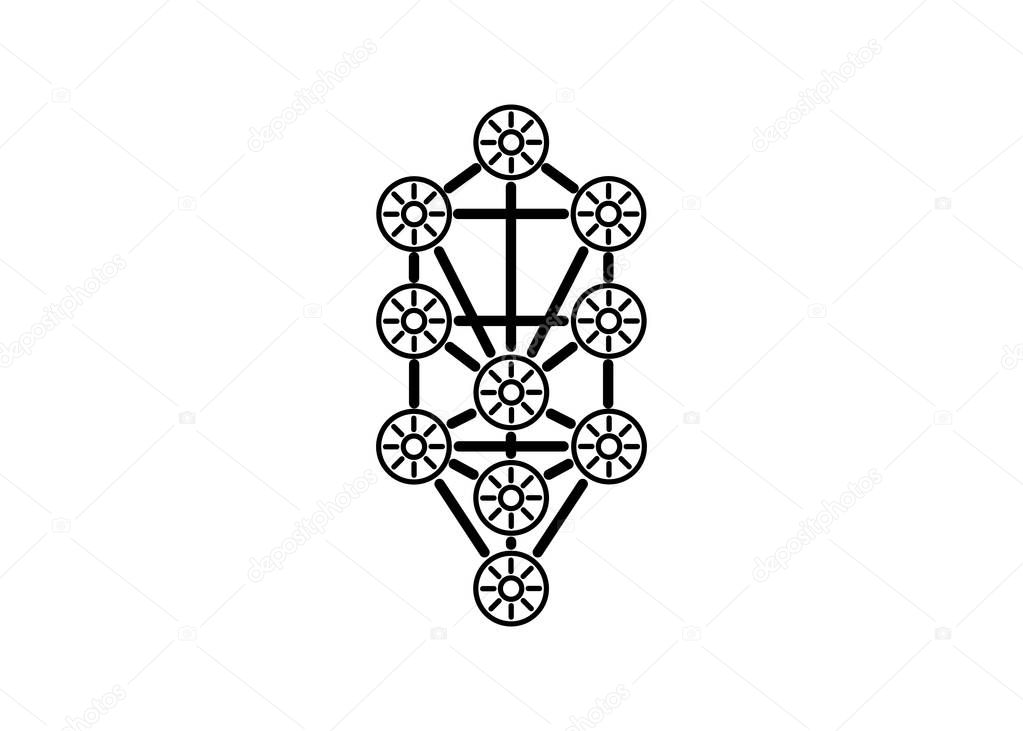 The Kabbalah Tree of Life vector icon symbol design. Illustration isolated on white background. Tattoo sign. Main glyph of the Qabalists , Secrets of the Menorah, sacred geometry logo