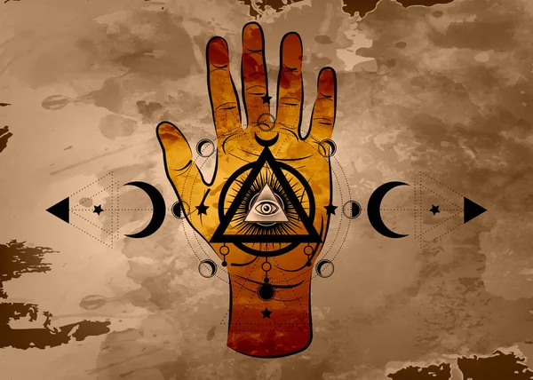 Derde oog hand esoterische spirituele icoon. Heilige piramide van kennis, een alziend oog. Mystieke geometrie, tekenen van de maanfasen. Vrijmetselaars symbool oog in driedubbele maan heidense Wicca maan godin icoon — Stockvector