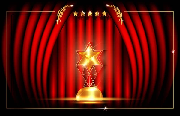 Hollywood luksusowy Szablon koncepcja, Red Stage Zasłona, wektor ilustracja abstrakcyjne złote gwiazdy ramka logo ikona, czerwony dywan, wydarzenie Vip Card, złoty gwiazda trofeum nagroda nagroda akademii tło — Wektor stockowy