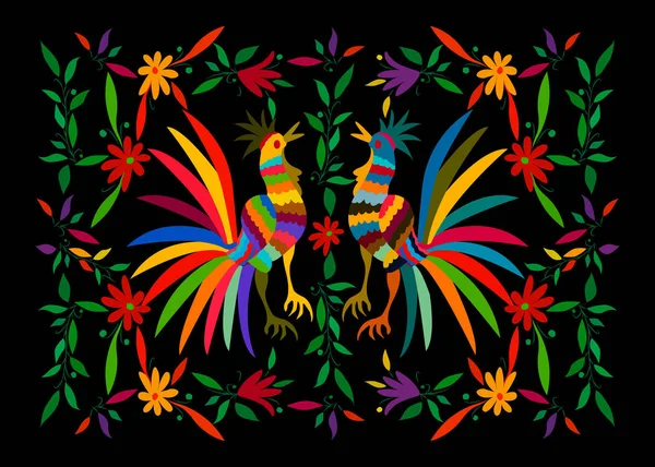 Tapiz mexicano étnico con bordados florales y gallos animales de la selva hechos a mano. Decoraciones populares impresas ingenuas. estilo latino, español, mediterráneo. Elementos coloridos bordado textil aislado — Archivo Imágenes Vectoriales