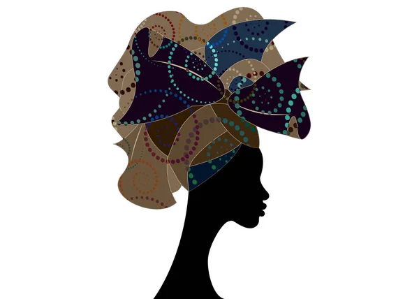 Afrikansk bröllop frisyr Head wrap, färgglada huvud halsduk, vackra porträtt afro kvinna i traditionell huvud slips Scarf Turban. Afrikanska kläder Kente, Shenbolen Ankara huvud wraps tyg design — Stock vektor