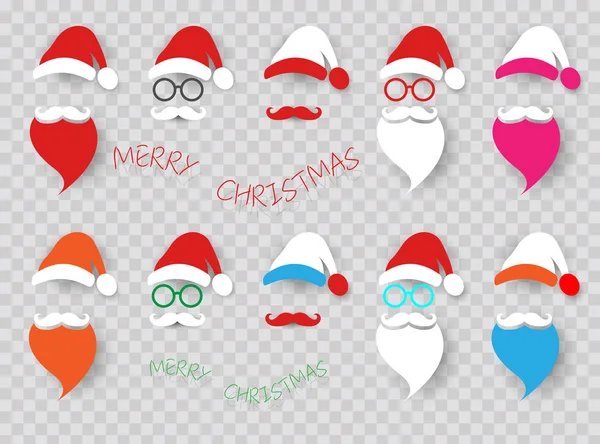 Santa Claus colorido estilo hipster de moda establecer iconos. Sombreros de Santa Claus, bigote y barba, gafas. Elementos navideños para tu diseño festivo. Ilustración vectorial fondo transparente aislado — Vector de stock