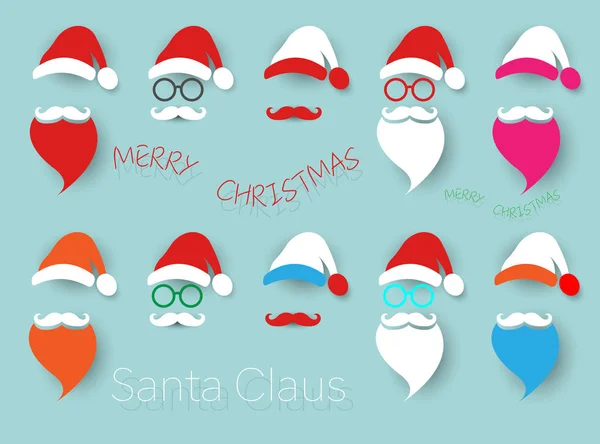Santa Claus moda hipster estilo establecer iconos. Sombreros de Santa Claus, bigote y barba, gafas. Elementos navideños para tu diseño festivo. Ilustración vectorial aislada sobre fondo azul — Vector de stock