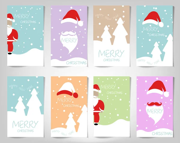 Conjunto de tarjetas de felicitación de Navidad, diseño de tarjetas de papel plano, Feliz Navidad y Feliz Año Nuevo saludo con lindo vector de letras de Santa Claus. Tarjetas de moda colores pastel estilo, vacaciones de invierno deseos — Vector de stock