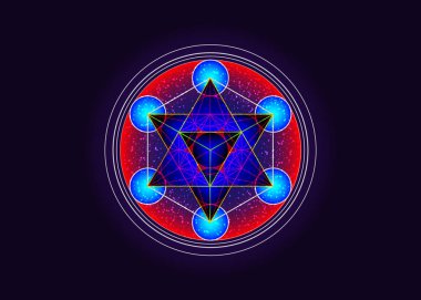 Metatron Küp, Yaşam Çiçeği. Kutsal geometri, grafik element Vektör izole Illustration ya da siyah arkaplan. Mistik simge platonik katılar, soyut geometrik çizimler, ekin çemberleri mandala 