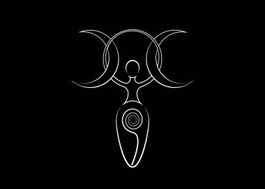 spiral goddess of fertility, Wiccan Pagan Symbols Triple moon. The spiral cycle of life, death and rebirth. Wicca mother earth symbol of sexual procreation, vector tattoo sign icon isolated on black clipart