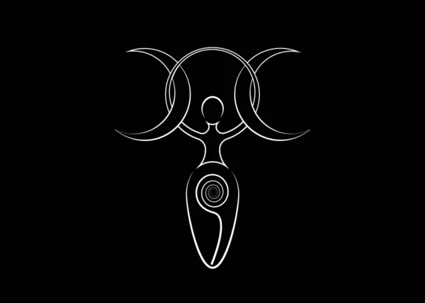 Diosa espiral de la fertilidad, Wiccan Pagan Symbols Triple moon. El ciclo espiral de la vida, la muerte y el renacimiento. Wicca madre tierra símbolo de la procreación sexual, vector tatuaje signo icono aislado en negro — Vector de stock