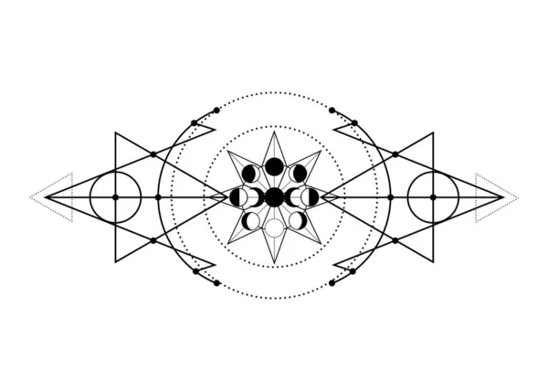 Mondphasen und Dreifachmonde. mystische Zeichnung, Energiekreise, magische Dreiecke. heilige Geometrie. Alchemie, Hexa, Esoterik, Okkultismus. Monochrome Vektordarstellung isoliert auf weißem Hintergrund — Stockvektor