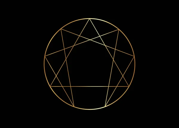 Zlatý Enneagram ikona, posvátná geometrie, zlatý vektor ilustrace izolované na černém pozadí — Stockový vektor