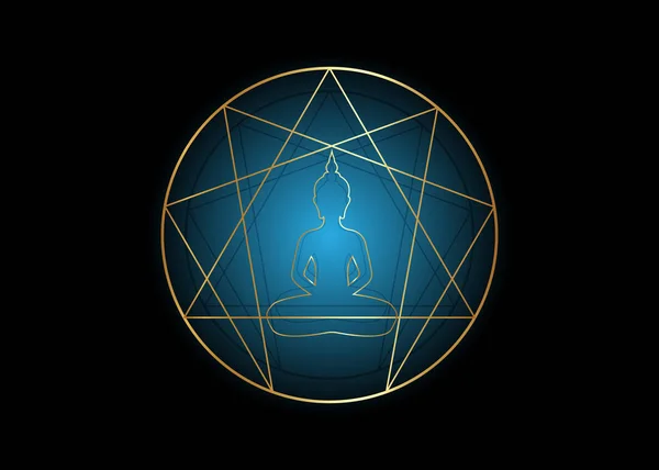 Enneagram yoga platte pictogram ontwerp voor infographics en business. Goud Enneagram icoon, heilige geometrie, met een mediterend Boeddha silhouet in het midden, vector illustratie geïsoleerd op zwarte achtergrond — Stockvector