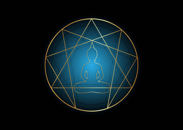 Дизайн плоских иконок для инфографики и бизнеса. Значок золотой эннеаграммы, сакральная геометрия, с медитирующим силуэтом Будды посередине, векторная иллюстрация изолирована на черном фоне
