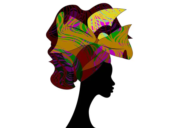 Coiffure de mariage africaine Enveloppement de tête, foulard coloré, beau portrait Afro Femme en cravate traditionnelle foulard Turban. Vêtements africains Kente, Shenbolen Ankara tête enveloppe tissu design isolé — Image vectorielle