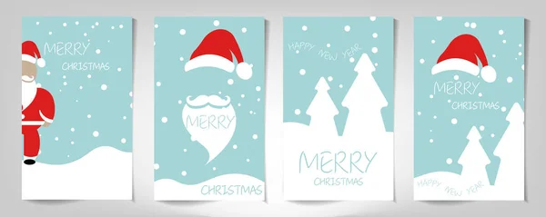 Conjunto de tarjetas de felicitación de Navidad, diseño de tarjetas de papel plano, Feliz Navidad y Feliz Año Nuevo saludo con lindo vector de letras de Santa Claus. Tarjetas de moda colores pastel estilo, vacaciones de invierno deseos — Vector de stock