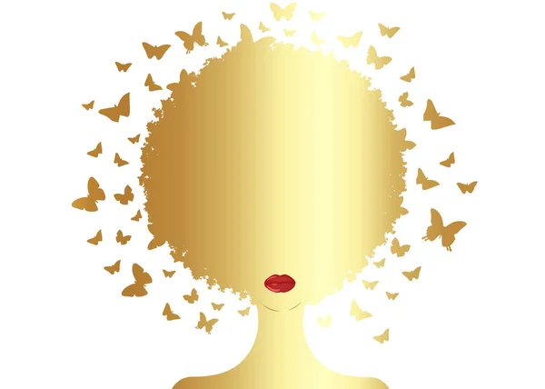 Guld afro lockigt fjärilar dekorativ komposition med siluett porträtt svart flicka. Skönhetscenter koncept, frisyr salong, Spa. Svärm av fjärilar huvudbonad i lockigt coiffed. Afrikansk kvinna logotyp — Stock vektor