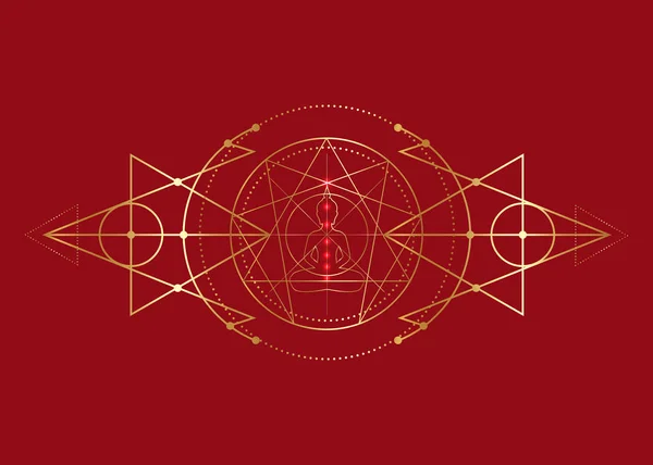 Enneagram yoga gold icon design for infographics and business. Seven chakras, golden sacred geometry, with a meditating buddha silhouette in the middle, vector illustration isolated on red background — Stock Vector