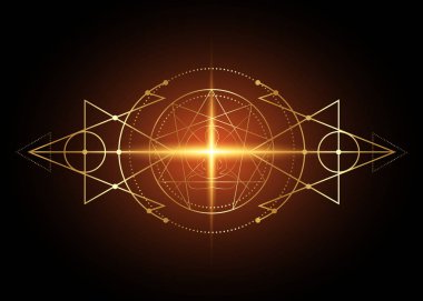 Bilgi grafikleri ve iş dünyası için Enneagram yoga altın ikonu tasarımı. Lotus pozisyonu, altın kutsal geometri, ortada meditasyon yapan Buda silueti, vektör illüstrasyonu izole edilmiş siyah arkaplan