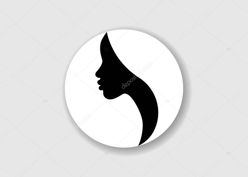 Logo round design African american woman face profile. Women profile silhouette on the grey background. Vector illustration isolated