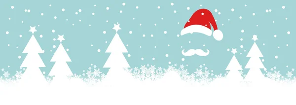 バナークリスマスカード。かわいいサンタクロースと雪と白い木々と幸せな新年の挨拶。ファッションカードフラットスタイル — ストックベクタ