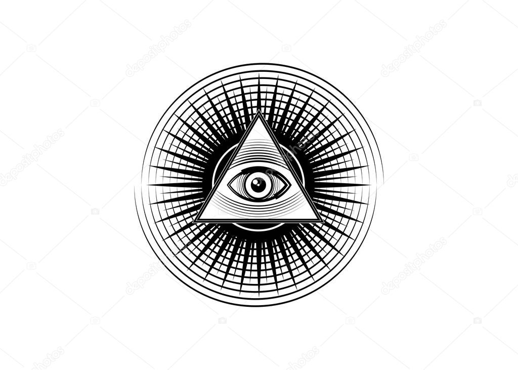 Sacred Masonic symbol. All Seeing eye, the third eye (The Eye of Providence)  inside triangle pyramid. New World Order. Hand-drawn alchemy, religion, spirituality, occultism. Vector isolated or white 