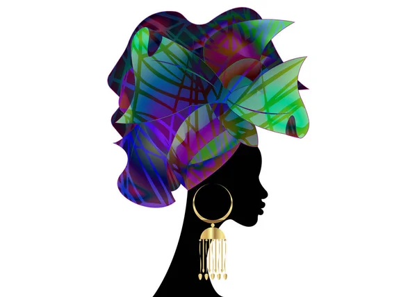 Afrykańska fryzura ślubna Owijanie głowy, kolorowy szalik głowy, piękny portret Afro Kobieta w tradycyjnym krawacie głowy Szalik Turban. Afrykańska odzież Kente, Shenbolen Ankara głowa owija projekt tkaniny izolowane — Wektor stockowy